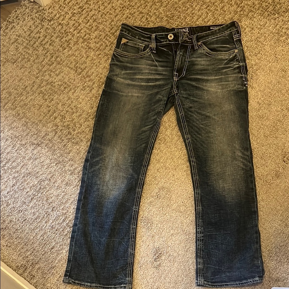 Salvage Blue Bootcut Jeans with Vintage Distressing